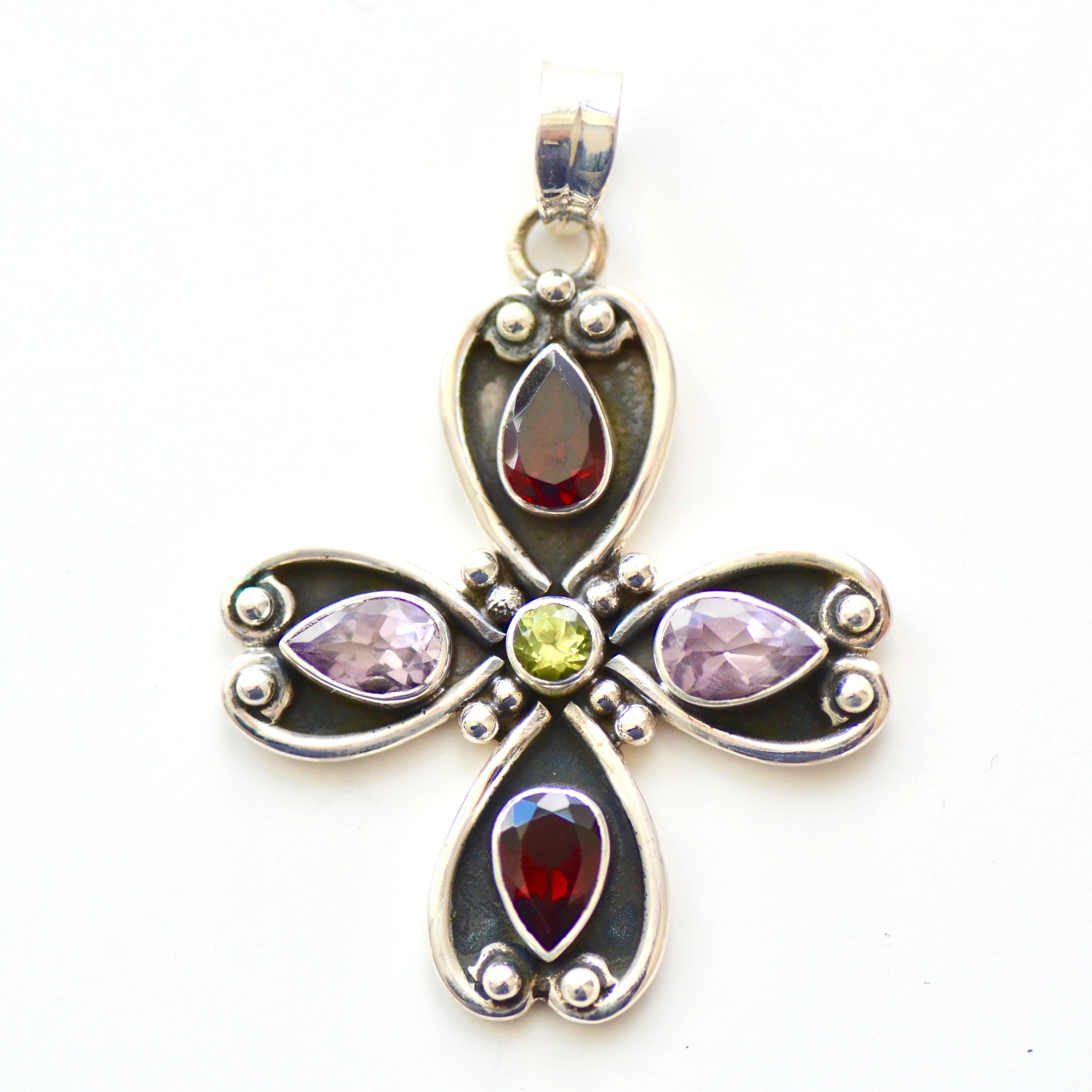 Bejeweled Floral Oxidised Silver Pendant