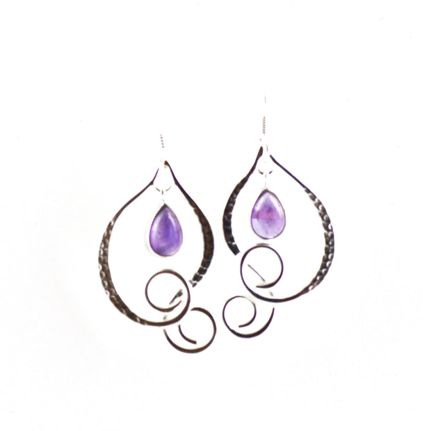 Silver Leaf Earrings with Falling Amethyst Droplet