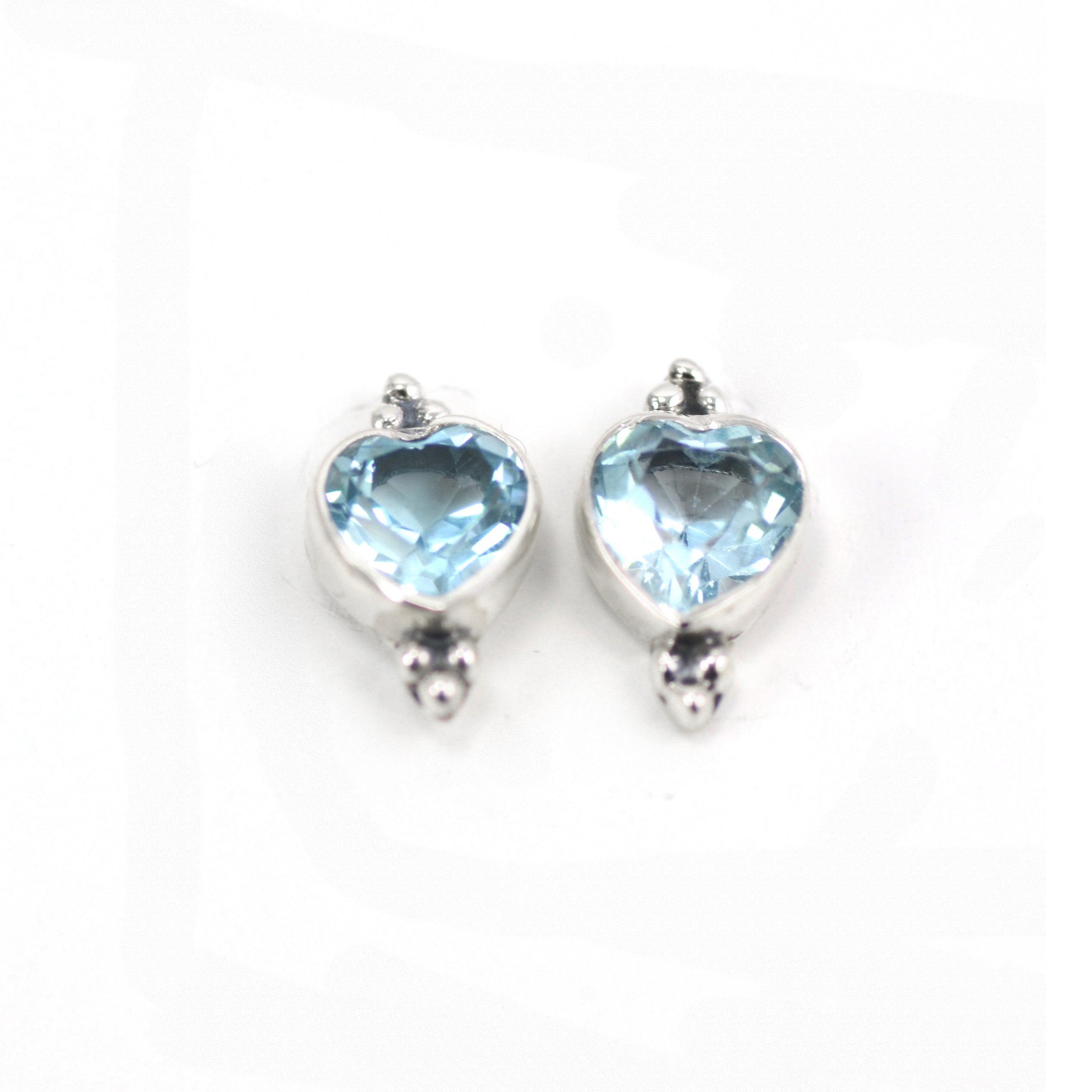 Blue Topaz Heart Stud Earrings with Silver Triplets