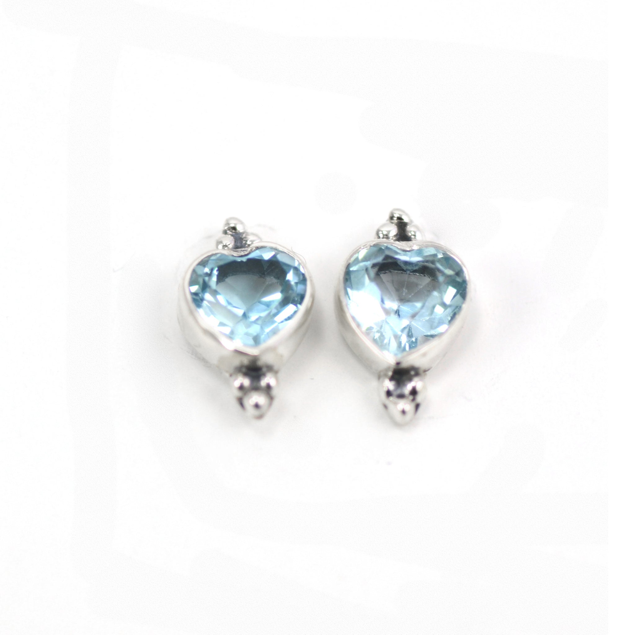 Blue Topaz Heart Stud Earrings with Silver Triplets