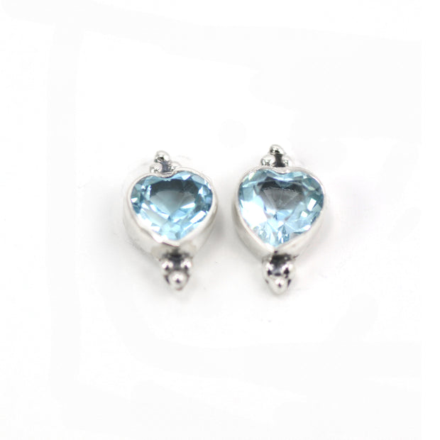 Blue Topaz Heart Stud Earrings with Silver Triplets