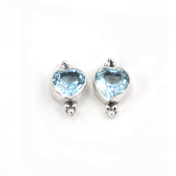 Blue Topaz Heart Stud Earrings with Silver Triplets