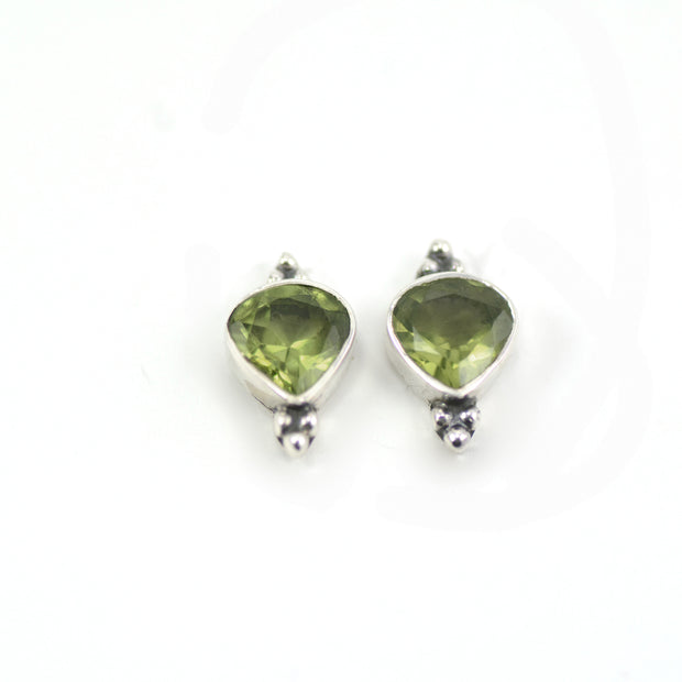 Peridot Stud Earrings With Silver Triplets