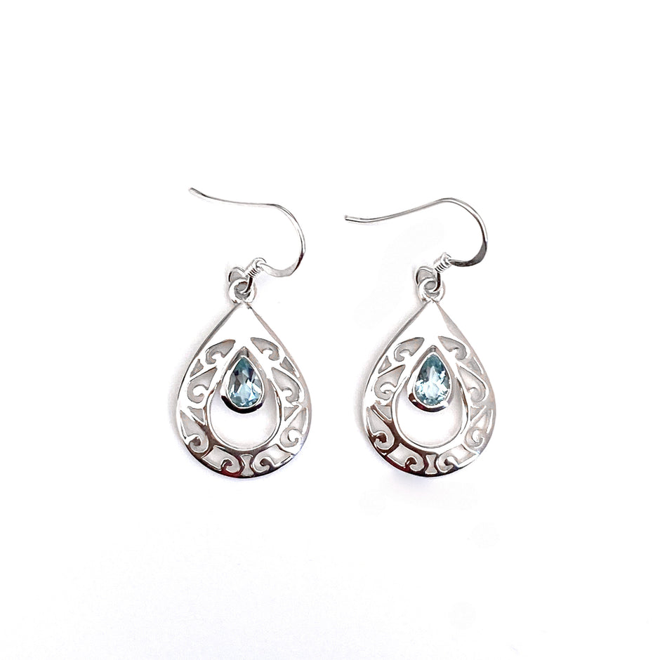 Dual Silver Teardrop Earrings with Blue Topaz