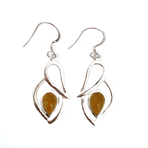 Silver Leaf Amber Drop Earrings