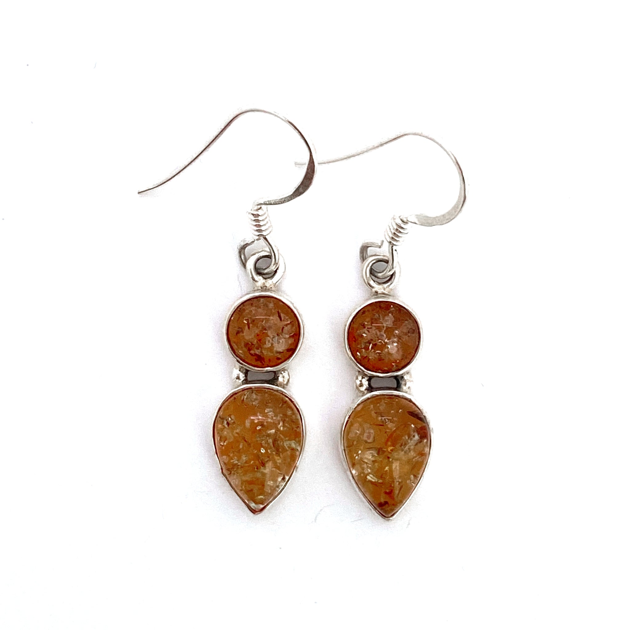 Double Drop Amber Silver Earrings