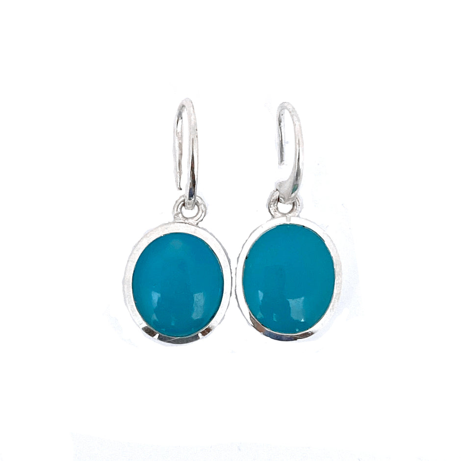 Silver Oval Blue Chalcedony Earrings