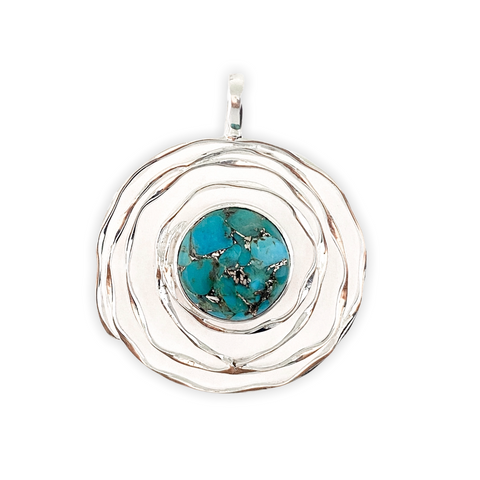 Circular Spiral  Copper Turquoise Silver Pendant